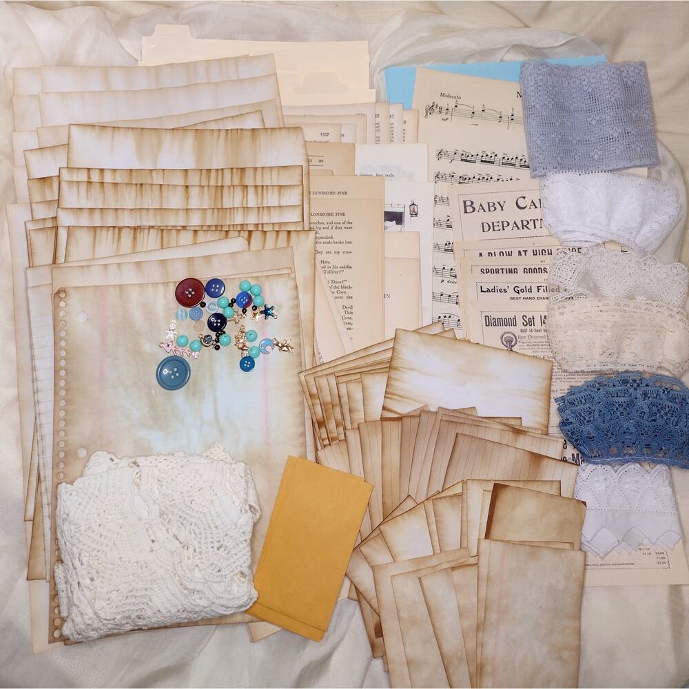 Tea Dyed Blue Junk Journal Bundle, Craft Supply Pack, Paper Crafting Kit